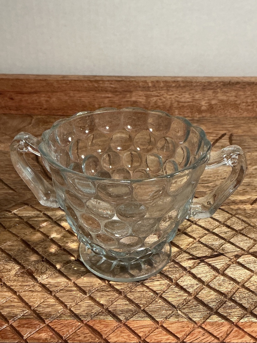 Vintage Clear Glass Bubble-Texture Sugar Bowl with Dual Handles